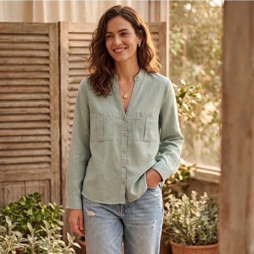 Zara Sage Green Linen Blend Roll Tab Sleeve Utility Button Down Shirt - Size XS